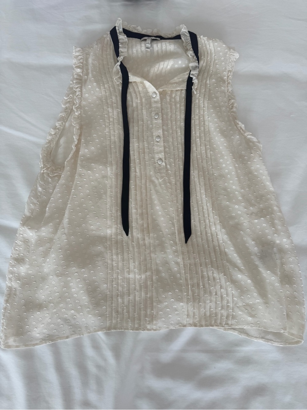 Joie Cream Swiss Dot Sleeveless Blouse with Black Ribbon Tie